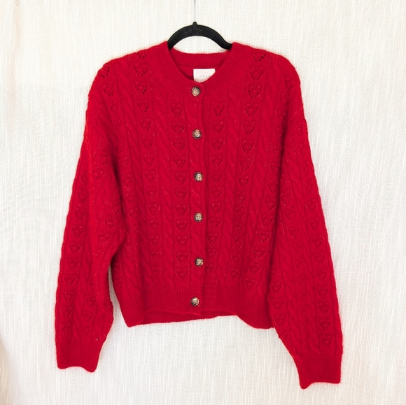 Doen Adler Cable-knit Alpaca/Wool Blend Button Cardigan In Red, size L - Picture 1 of 7